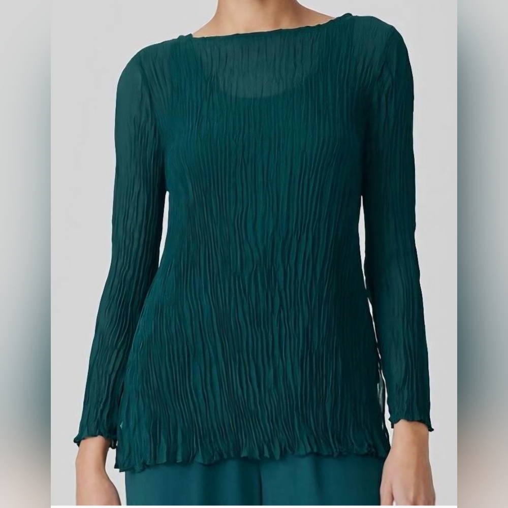 Eileen Fisher Crinkled Sheer Silk Georgette Bateau Neck Tunic: Agean: XS